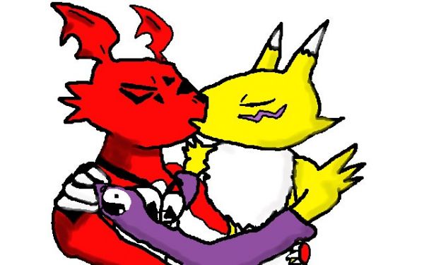 renamon and guilmon in bed