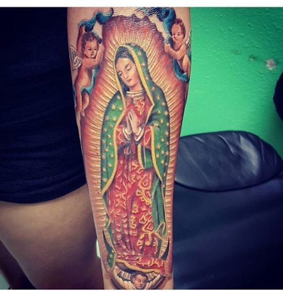 virgin mary tattoo with roses