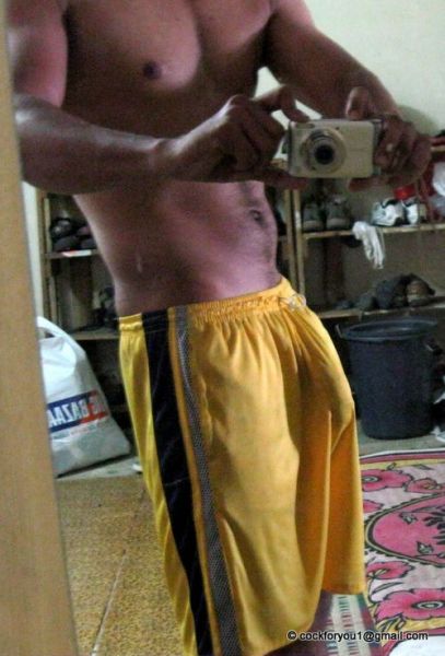 man in gym shorts bulge