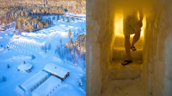 old finnish saunas in snow
